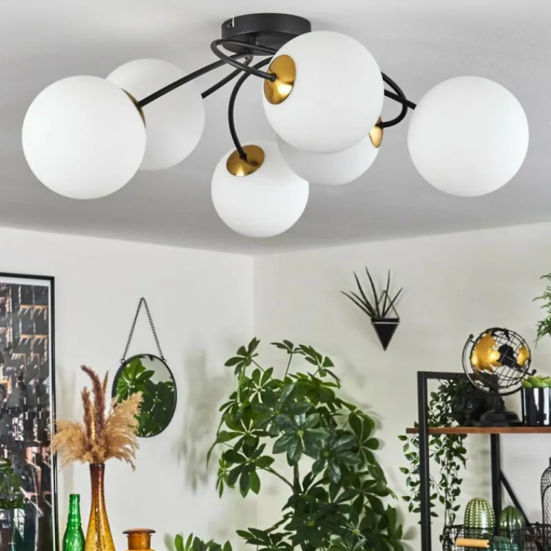 hofstein Plafonnier - Verre Chehalis Or, Noir, 6 lumières