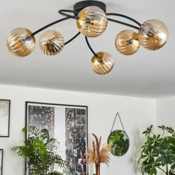 hofstein Plafonnier - Verre Chehalis Or, Noir, 6 lumières