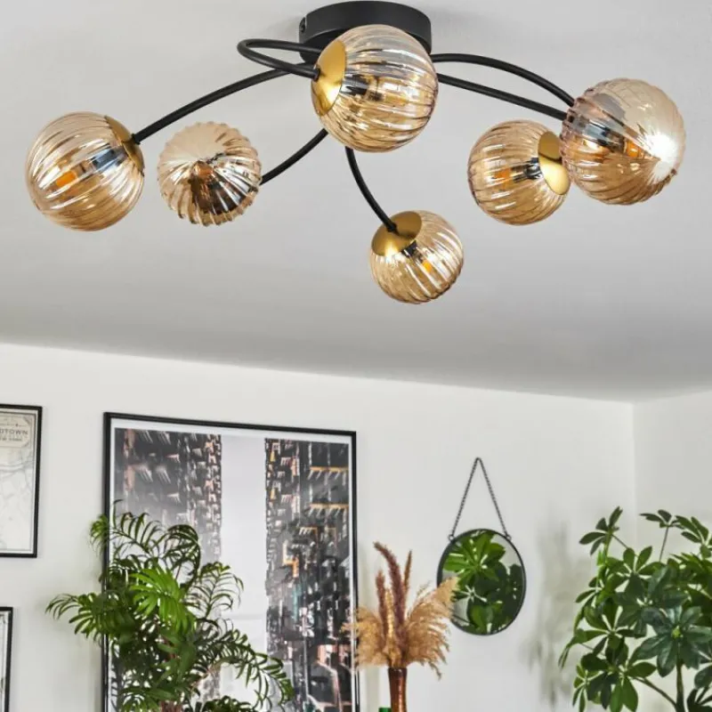 hofstein Plafonnier - Verre Chehalis Or, Noir, 6 lumières