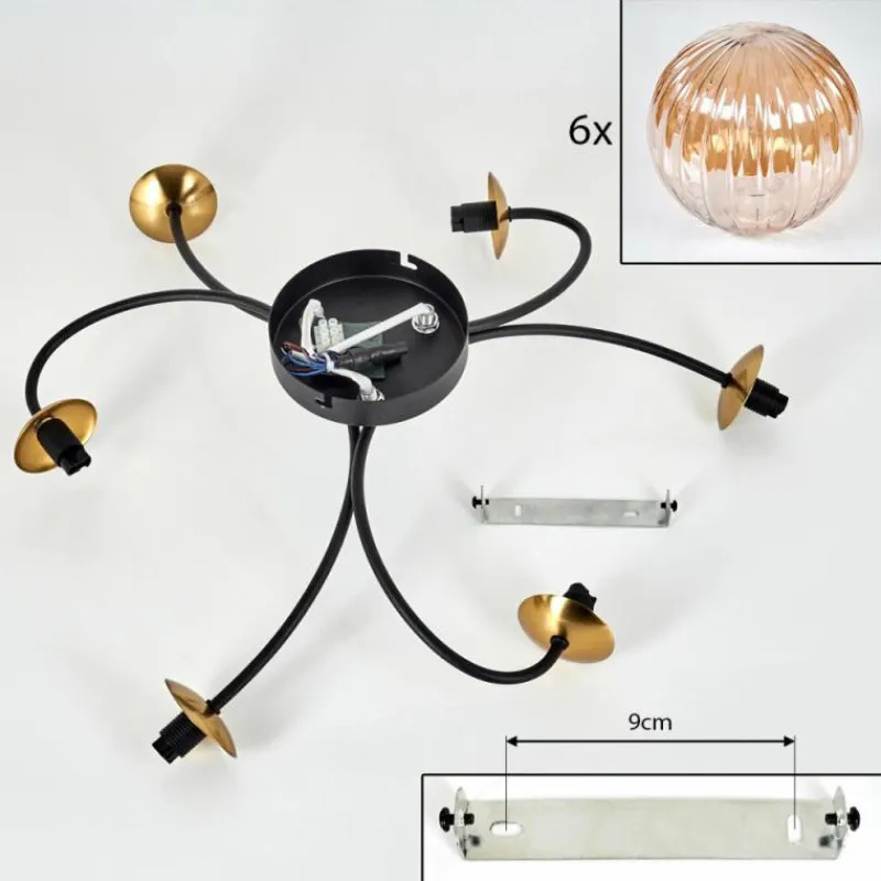 hofstein Plafonnier - Verre Chehalis Or, Noir, 6 lumières
