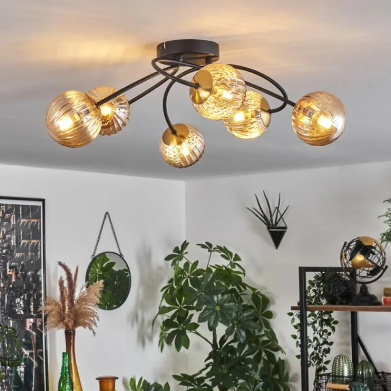 hofstein Plafonnier - Verre Chehalis Or, Noir, 6 lumières