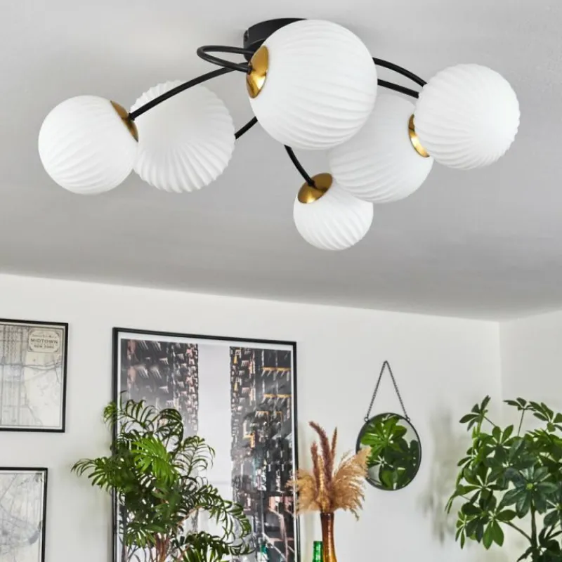 hofstein Plafonnier - Verre Chehalis Or, Noir, 6 lumières