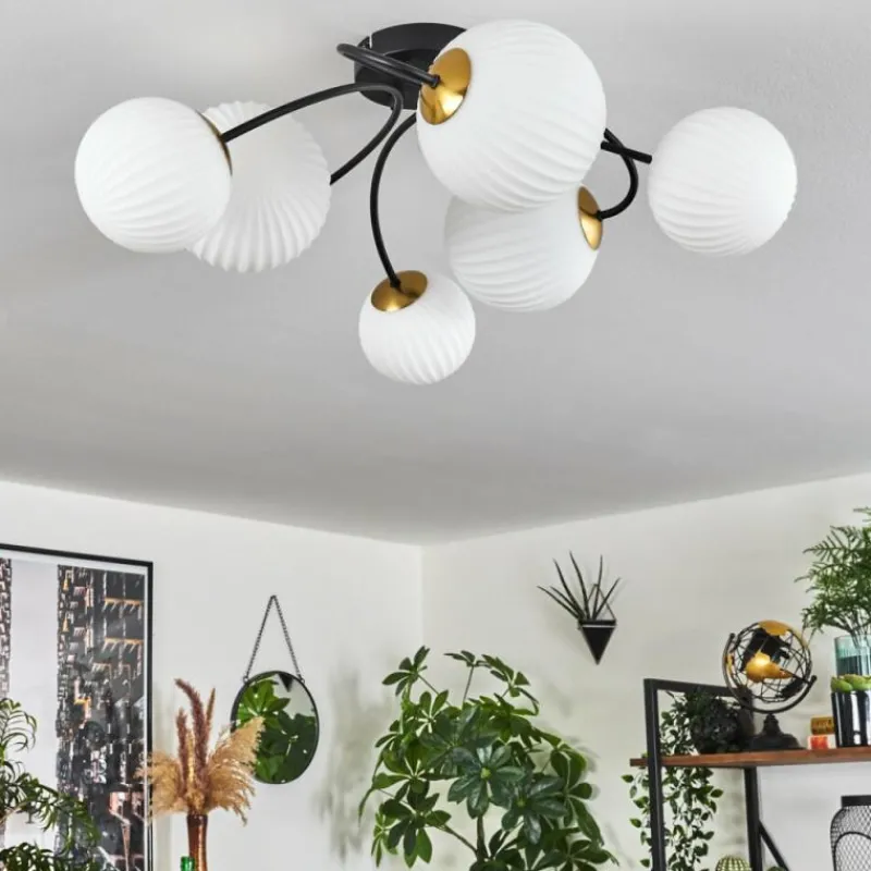 hofstein Plafonnier - Verre Chehalis Or, Noir, 6 lumières