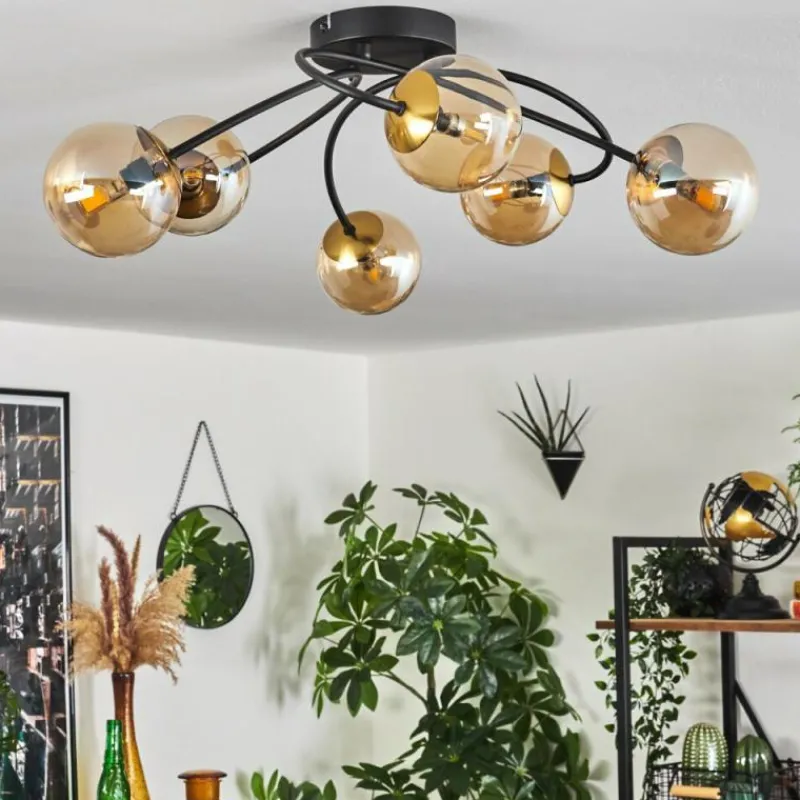 hofstein Plafonnier - Verre Chehalis Or, Noir, 6 lumières