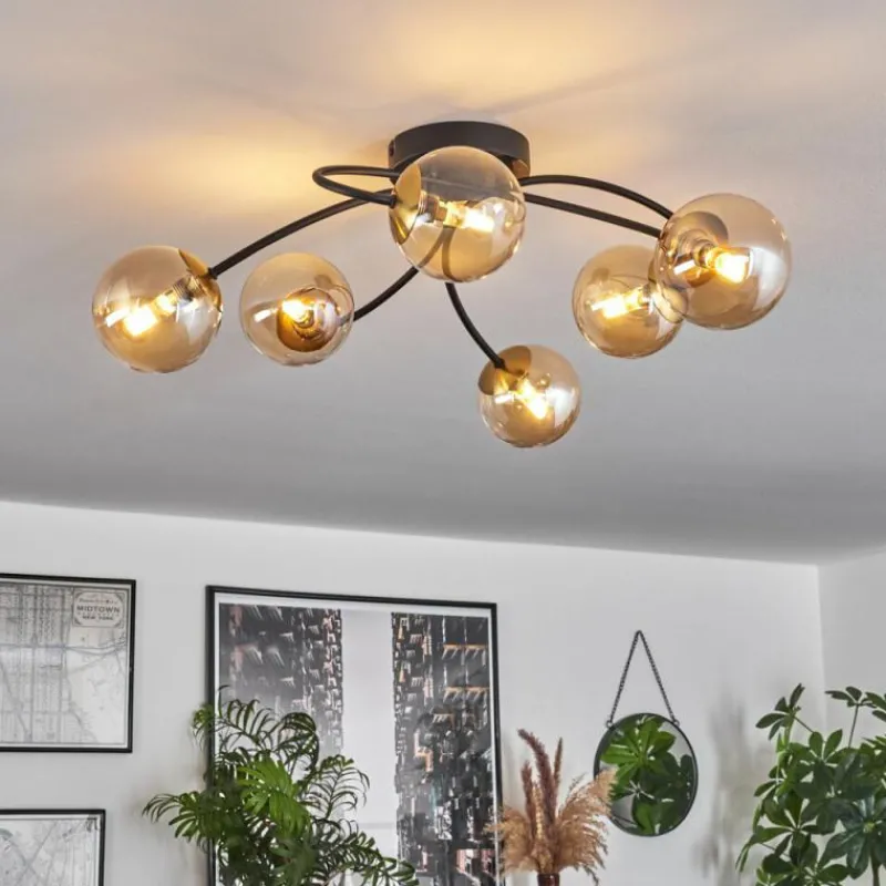 hofstein Plafonnier - Verre Chehalis Or, Noir, 6 lumières