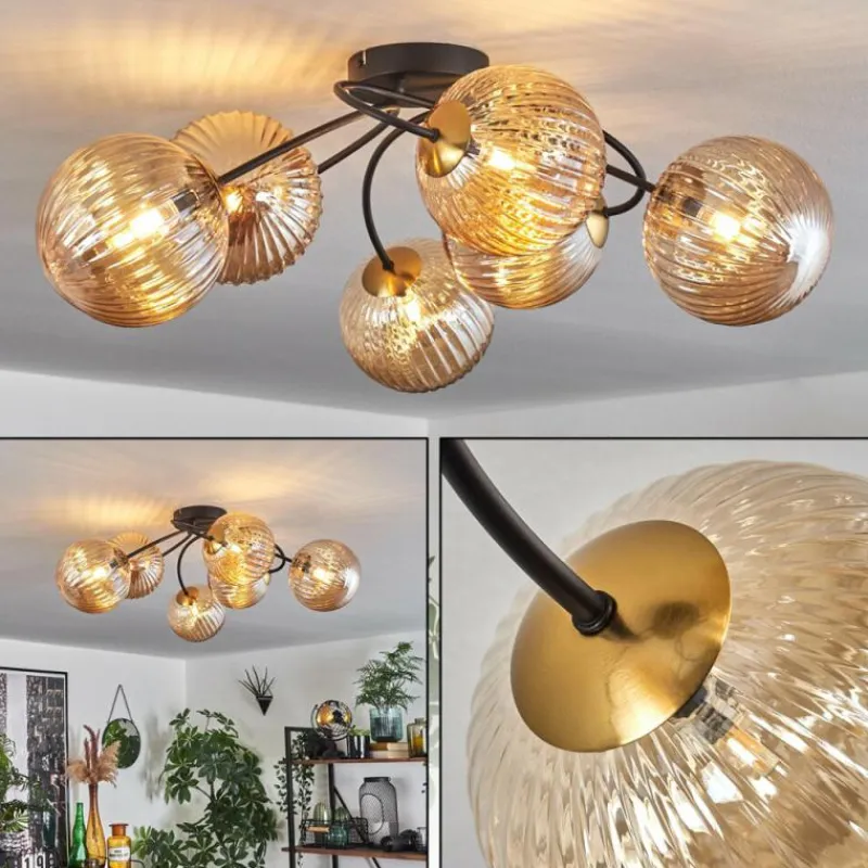 hofstein Plafonnier - Verre Chehalis Or, Noir, 6 lumières