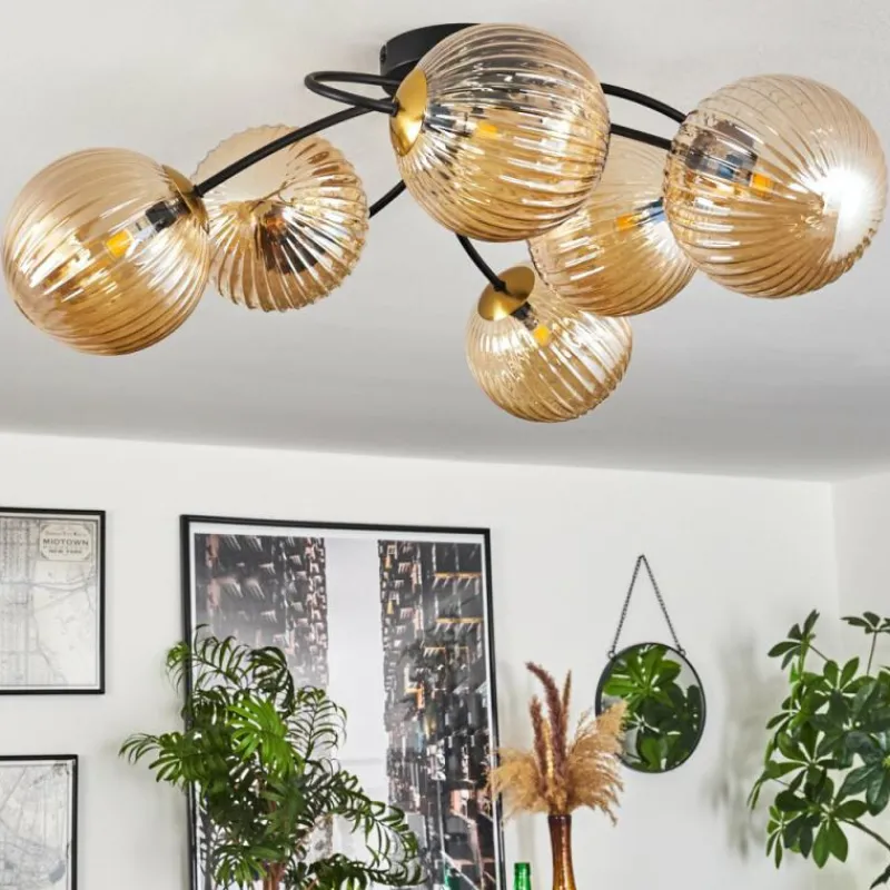 hofstein Plafonnier - Verre Chehalis Or, Noir, 6 lumières