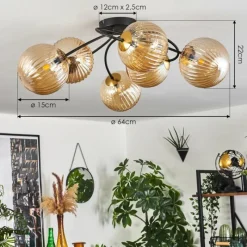 hofstein Plafonnier - Verre Chehalis Or, Noir, 6 lumières