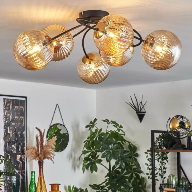 hofstein Plafonnier - Verre Chehalis Or, Noir, 6 lumières