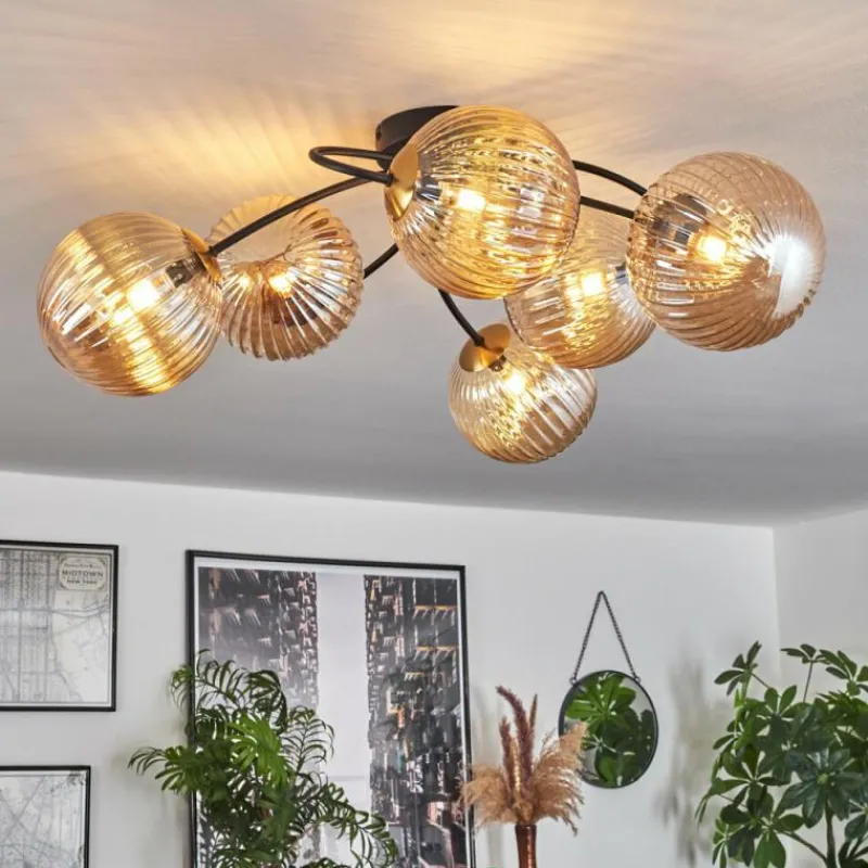 hofstein Plafonnier - Verre Chehalis Or, Noir, 6 lumières