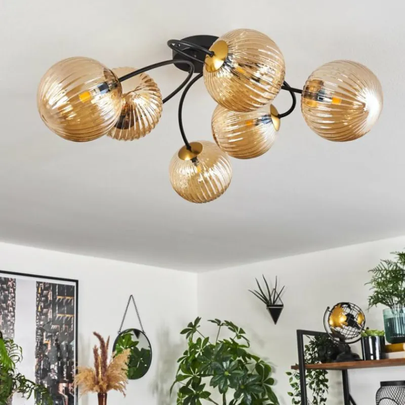 hofstein Plafonnier - Verre Chehalis Or, Noir, 6 lumières