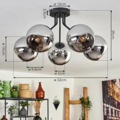 hofstein Plafonnier - Verre Koyoto Chrome, Fumé, 5 lumières