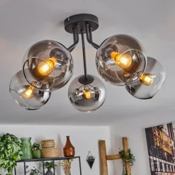 hofstein Plafonnier - Verre Koyoto Chrome, Clair, Fumé, 5 lumières