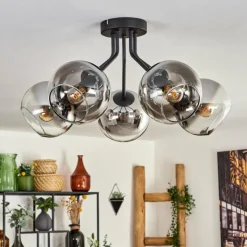 hofstein Plafonnier - Verre Koyoto Chrome, Clair, Fumé, 5 lumières