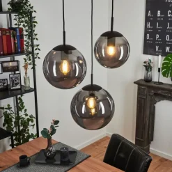 Suspension Verre Fumé-hofstein Plafonnier Voluntad Noir, 3 lumières