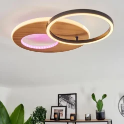 hofstein Plafonnier Abonakope LED Couleur bois, Écru, Noir, 2 lumières, Télécommandes, Changeur de couleurs