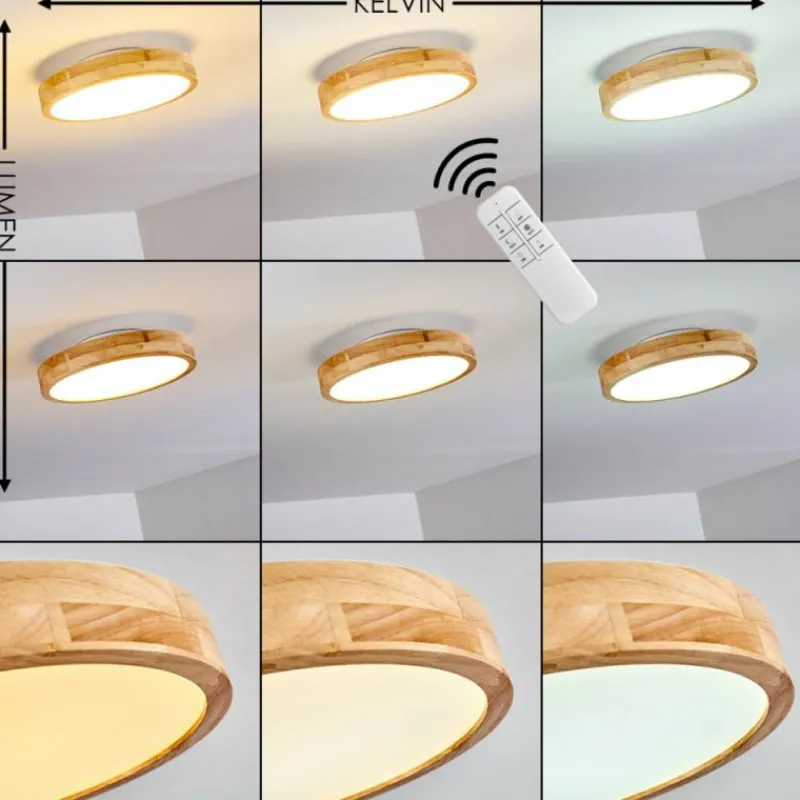 hofstein Plafonnier Bagaha LED Bois clair, 1 lumière, Télécommandes