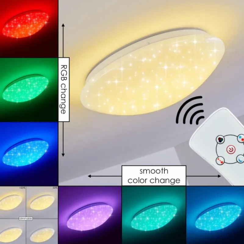 hofstein Plafonnier Brighton Star LED Blanc, 1 lumière, Télécommandes, Changeur de couleurs