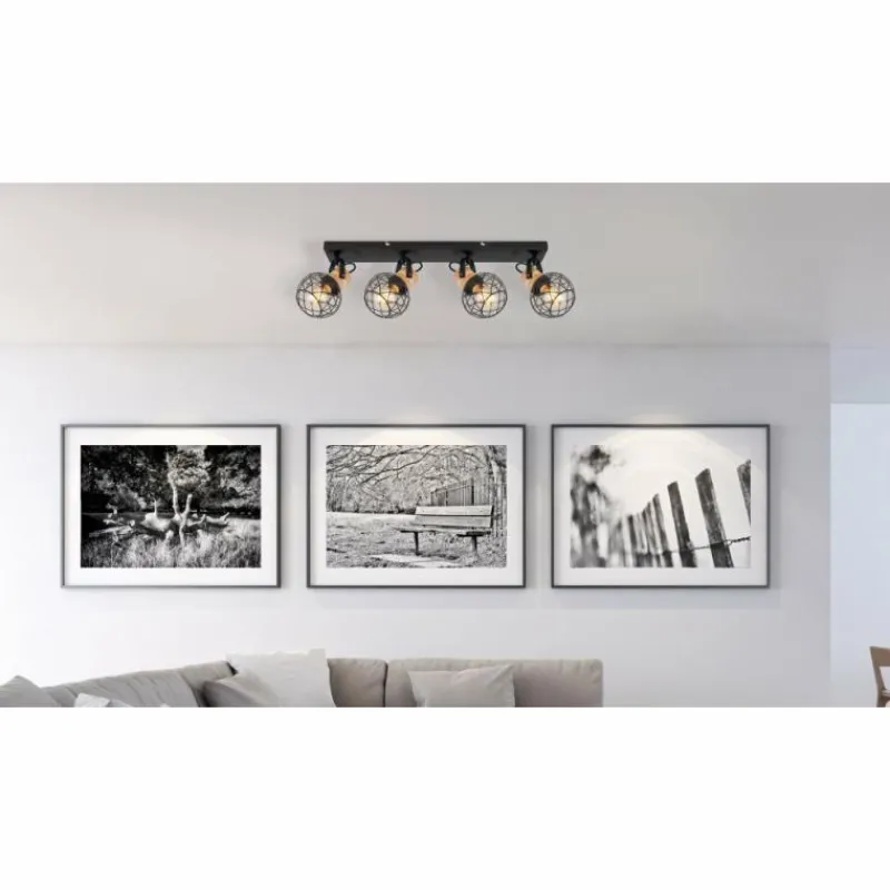 Lampes En Bois-Luminaires Globo Lighting Plafonnier Globo LACKY Bois clair, Noir, 4 lumières