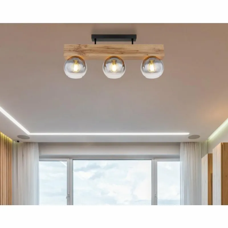 Suspension Verre Fumé-Luminaires Globo Lighting Plafonnier Globo MOITAS Couleur bois, Noir, 3 lumières