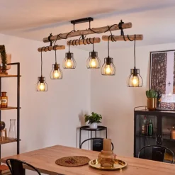 Style Boho-Chic-hofstein Plafonnier Gondo Bois clair, Noir, 6 lumières