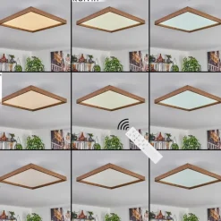 hofstein Plafonnier Longvic LED Brun, Couleur bois, Noir, 1 lumière, Télécommandes