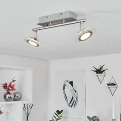 hofstein Plafonnier Marsen LED Chrome, Nickel mat, 2 lumières, Télécommandes, Changeur de couleurs