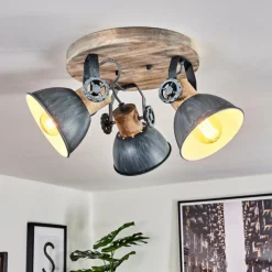 Lampes Industrielles-hofstein Plafonnier Orny Gris, Bois clair, 3 lumières