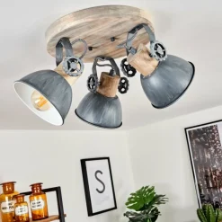 Lampes Industrielles-hofstein Plafonnier Orny Gris, Bois clair, 3 lumières