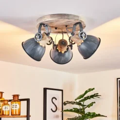 Lampes Industrielles-hofstein Plafonnier Orny Gris, Bois clair, 3 lumières