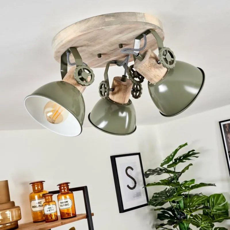 Lampes Industrielles-hofstein Plafonnier Orny Vert, Bois clair, 3 lumières