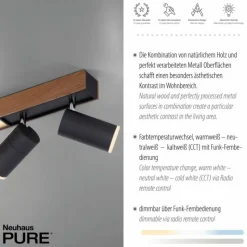 Lampes En Bois-Luminaires Paul Neuhaus Plafonnier Paul Neuhaus PURE-LINES LED Anthracite, Bois foncé, 5 lumières, Télécommandes