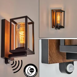 hofstein Portalis Lampe murale d´extérieur Brun, Couleur bois, Noir, 1 lumière, Détecteur de mouvement