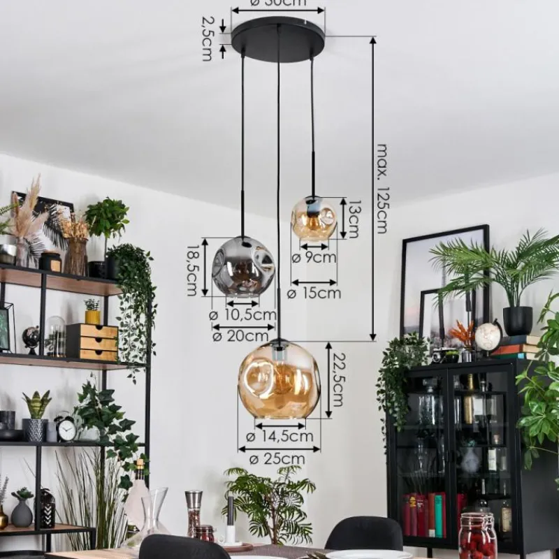 hofstein Ripoll Suspension, Boule lumineuse, Suspension Ambre, Fumé, 3 lumières