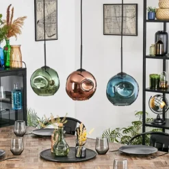 hofstein Ripoll Suspension, Boule lumineuse, Suspension Bleu, Vert, Cuivré, 3 lumières