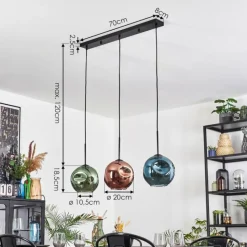 hofstein Ripoll Suspension, Boule lumineuse, Suspension Bleu, Vert, Cuivré, 3 lumières