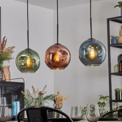 hofstein Ripoll Suspension, Boule lumineuse, Suspension Bleu, Vert, Cuivré, 3 lumières