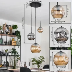 hofstein Ripoll Suspension, Boule lumineuse, Suspension, Suspension grappe Ambre, Chrome, Fumé, 3 lumières