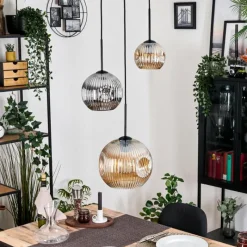 hofstein Ripoll Suspension, Boule lumineuse, Suspension, Suspension grappe Ambre, Chrome, Fumé, 3 lumières