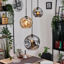 hofstein Ripoll Suspension, Boule lumineuse, Suspension, Suspension grappe Ambre, Fumé, 3 lumières