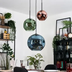 hofstein Ripoll Suspension, Boule lumineuse, Suspension grappe Bleu, Vert, Cuivré, 3 lumières