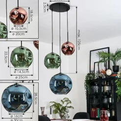 hofstein Ripoll Suspension, Boule lumineuse, Suspension grappe Bleu, Vert, Cuivré, 3 lumières