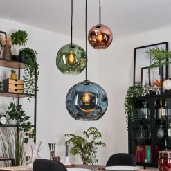 hofstein Ripoll Suspension, Boule lumineuse, Suspension grappe Bleu, Vert, Cuivré, 3 lumières