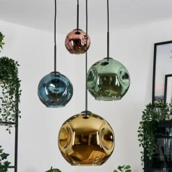 hofstein Ripoll Suspension, Boule lumineuse, Suspension grappe Bleu, Or, Vert, Cuivré, 4 lumières