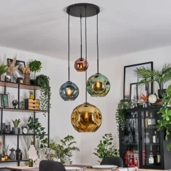 hofstein Ripoll Suspension, Boule lumineuse, Suspension grappe Bleu, Or, Vert, Cuivré, 4 lumières