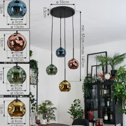 hofstein Ripoll Suspension, Boule lumineuse, Suspension grappe Bleu, Or, Vert, Cuivré, 4 lumières