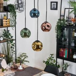 hofstein Ripoll Suspension, Boule lumineuse, Suspension grappe Bleu, Or, Vert, Cuivré, 4 lumières