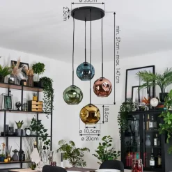 hofstein Ripoll Suspension, Boule lumineuse, Suspension grappe Bleu, Or, Vert, Cuivré, 4 lumières