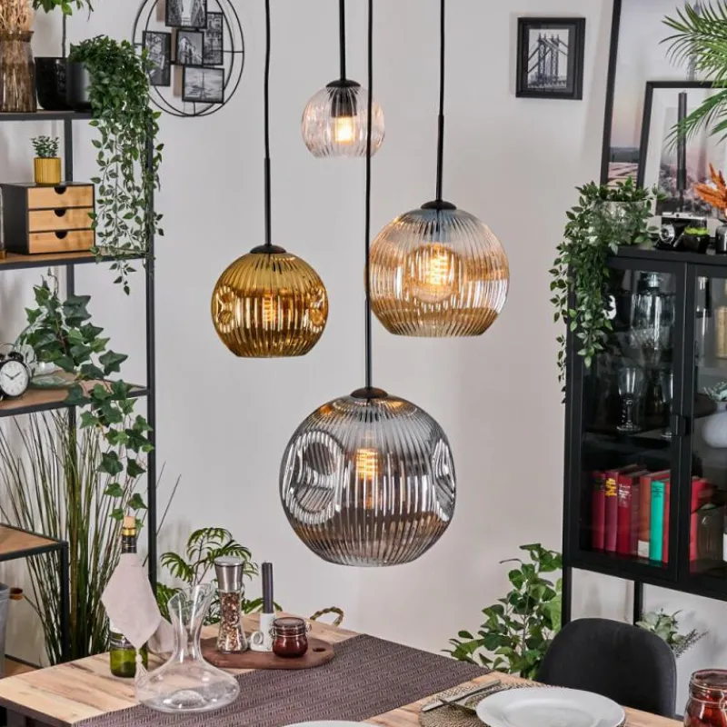 Lampes Dorées-hofstein Ripoll Suspension, Boule lumineuse, Suspension grappe Ambre, Or, Clair, Fumé, 4 lumières