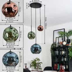 hofstein Ripoll Suspension, Boule lumineuse, Suspension grappe Bleu, Vert, Cuivré, 3 lumières